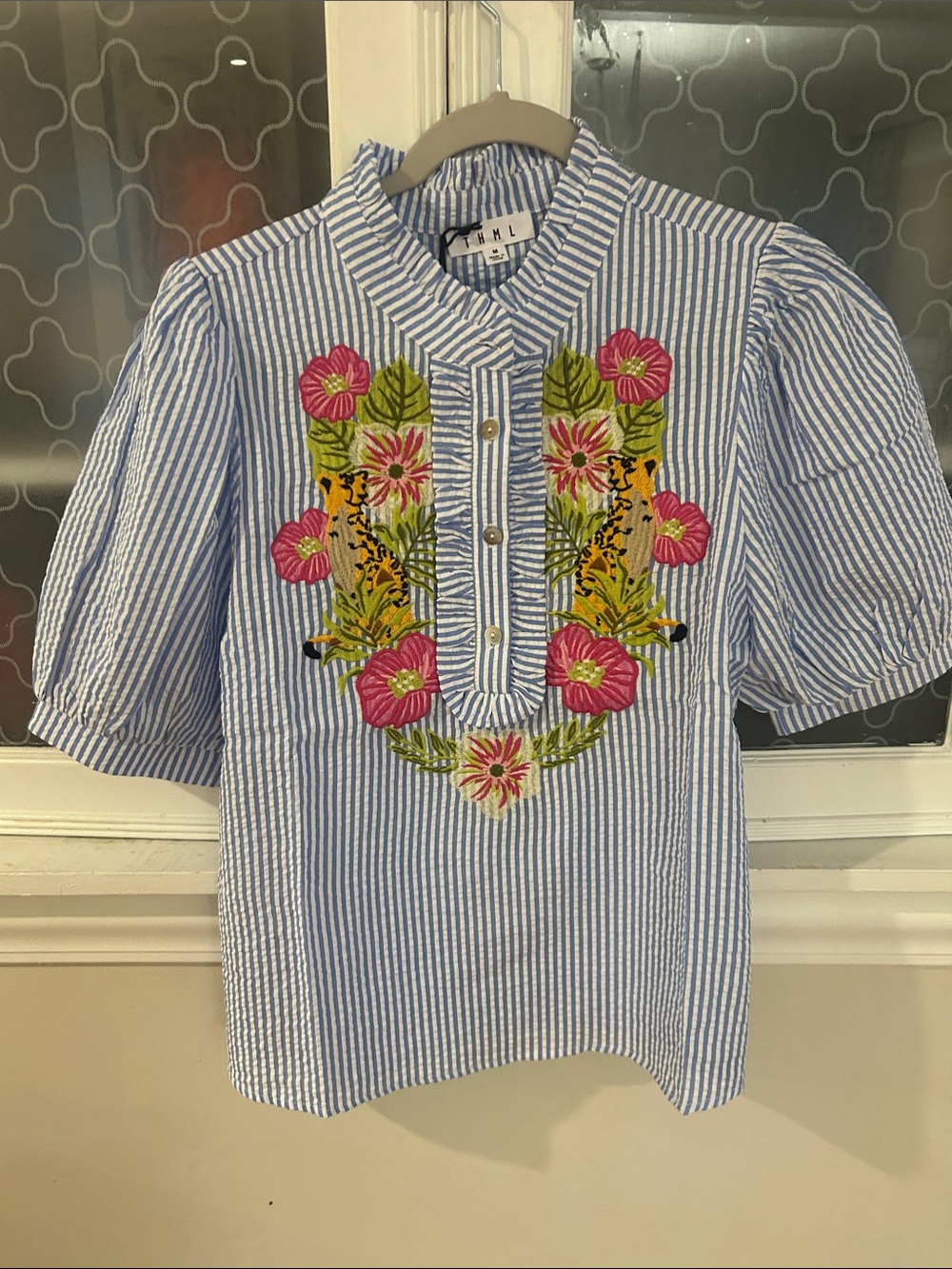 THML Blue & White Striped Embroidered Floral Top